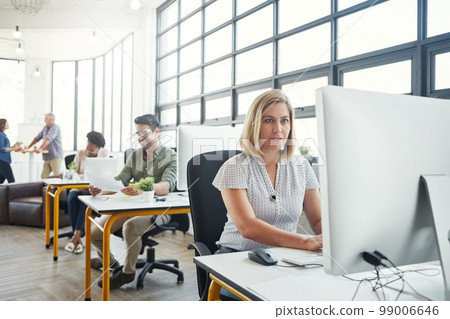 Business, office building and woman with computer working on online email, website research and project. Productivity, corporate agency and female worker at desk for planning, schedule and strategy 99006646