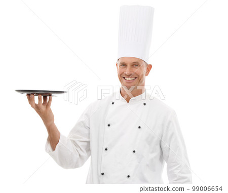 Chef holding tray, confident portrait and smile presenting promo or restaurant product placement isolated on white background Happy executive cook man in uniform, mock up and menu launch in studio. Chef holding tray, confident portrait and smile presenting promo or restaurant product placement isolated on white background Happy executive cook man in uniform, mock up and menu launch in studio. 99006654