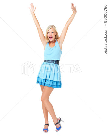 Isolated, happy and winner with portrait of woman and mockup for celebration, motivation and success. Freedom, wow and goals with girl on white background studio for party, confident and energy Isolated, happy and winner with portrait of woman and mockup for celebration, motivation and success. Freedom, wow and goals with girl on white background studio for party, confident and energy 99006766