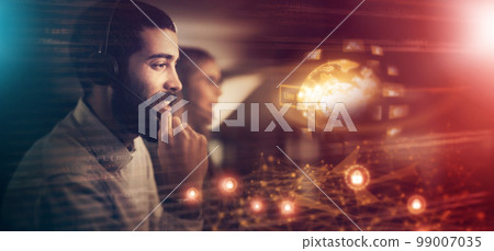 Call center, customer service and hologram overlay with a man consultant working on global ai for support. Contact, 3d and futuristic world with a male consulting in his international support office 99007035