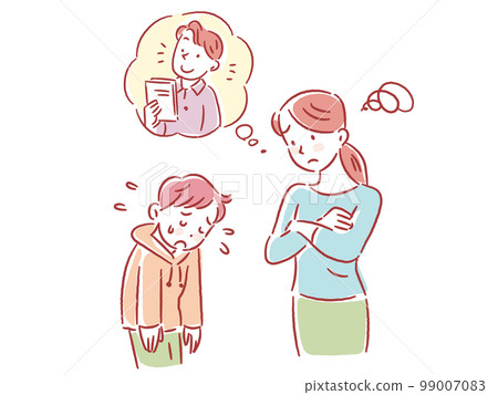 Young mother scolding boy compared to other children 99007083