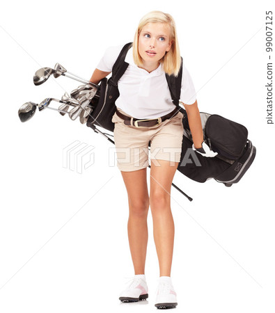 Sports, athlete and woman golfer in a studio with clubs for exercise, training or golfing motivation. Fitness, golf and female model carrying heavy sport equipment isolated by a white background. 99007125