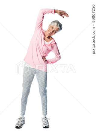 Senior woman, portrait or stretching on isolated white background in exercise, workout and training for body wellness. Smile, happy or retirement elderly in warm up for fitness pain relief on mock up 99007250