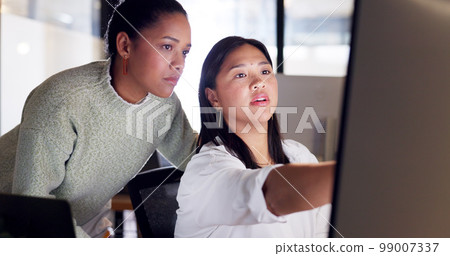 Creative woman, web design and idea with manager for marketing strategy or startup on computer at office. Female designer showing leader online design, planning or advertising business on desktop PC Creative woman, web design and idea with manager for marketing strategy or startup on computer at office. Female designer showing leader online design, planning or advertising business on desktop PC 99007337