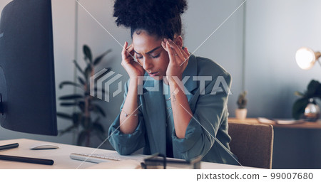 Business, computer and woman tired, burnout and headache with work, schedule and planning in office. Female, ceo and entrepreneur overworked, stress and depression with pain, mental health and online Business, computer and woman tired, burnout and headache with work, schedule and planning in office. Female, ceo and entrepreneur overworked, stress and depression with pain, mental health and online 99007680