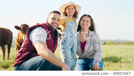 Family, farm and agriculture with a girl, mother and father on a field or meadow of grass with cattle. Sustainability, love and children with a man, woman and daughter on a farmer ranch together Family, farm and agriculture with a girl, mother and father on a field or meadow of grass with cattle. Sustainability, love and children with a man, woman and daughter on a farmer ranch together 99007847