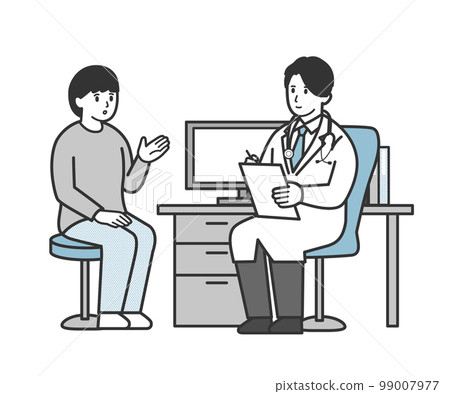 A woman explaining to a male doctor in an examination room A woman explaining to a male doctor in an examination room 99007977