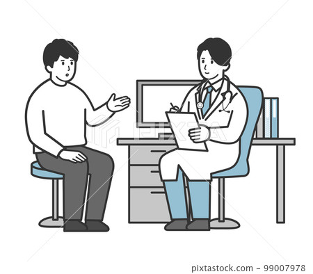A man explaining to a male doctor in an examination room A man explaining to a male doctor in an examination room 99007978