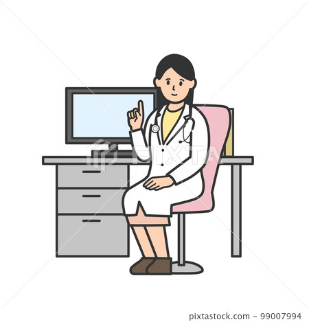 Illustration of a female doctor sitting on a chair in an examination room 99007994