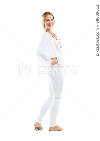 Portrait, happy and laughing woman in a studio, casual and carefree against a white background space. Smile, real people and normal lady posing, joy and laugh while standing isolated on mock up 99008012