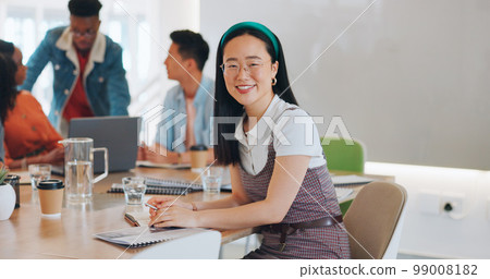 Face, business and Asian woman in meeting, thinking and happy with notes for startup company. Japan, ceo and creative leader with conversation, manager and leadership for planning, smile or workplace Face, business and Asian woman in meeting, thinking and happy with notes for startup company. Japan, ceo and creative leader with conversation, manager and leadership for planning, smile or workplace 99008182