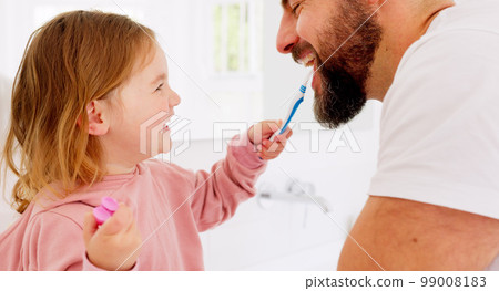 Happy family, dental and brushing teeth with girl and father in bathroom for hygiene, learning and grooming. Love, teeth and oral care by parent with daughter play, laugh and cleaning in their home Happy family, dental and brushing teeth with girl and father in bathroom for hygiene, learning and grooming. Love, teeth and oral care by parent with daughter play, laugh and cleaning in their home 99008183