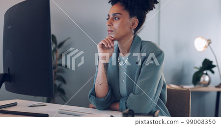 Computer, thinking and black woman typing in office writing email at night. Working late, planning and female worker with solution working on sales, advertising or marketing ideas, report or proposal 99008350