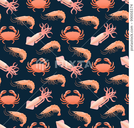 Seamless pattern with sea food, shrimps, squids and crabs. Cartoon vector illustration Seamless pattern with sea food, shrimps, squids and crabs. Cartoon vector illustration 99008374