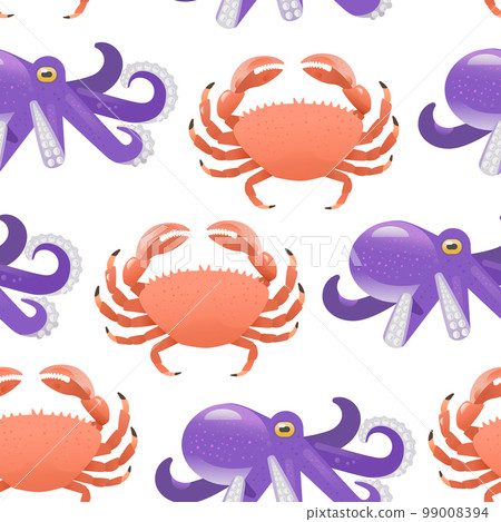 Vibrant cartoon seamless pattern with cute crabs and octopus. Vector illustration Vibrant cartoon seamless pattern with cute crabs and octopus. Vector illustration 99008394
