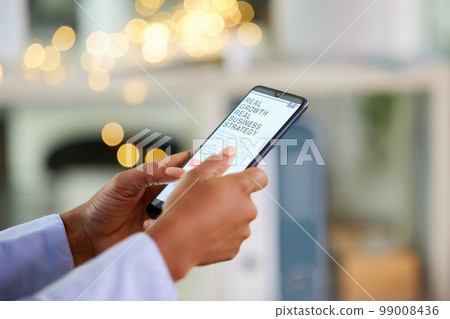 Business woman, hands or phone screen of growth strategy, timeline management or global networking planning. Zoom, worker or employee on mobile technology for website ux or digital company branding 99008436