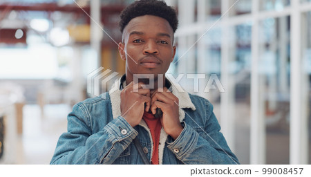 Face, black man and worker in office building with music, feeling power, independent and empowered at new job. Portrait, worker and man with vision for success, attitude and mindset at corporate job Face, black man and worker in office building with music, feeling power, independent and empowered at new job. Portrait, worker and man with vision for success, attitude and mindset at corporate job 99008457