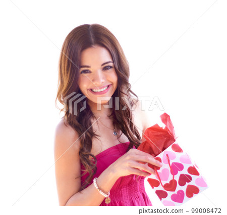 Woman portrait, valentines gift and isolated on a white background in happy mockup for beautiful bag. Pink and red hearts on present or package, young model or person in studio love, date and holiday Woman portrait, valentines gift and isolated on a white background in happy mockup for beautiful bag. Pink and red hearts on present or package, young model or person in studio love, date and holiday 99008472