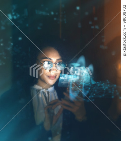 Black woman, tech overlay and global business on phone at night for research and cybersecurity. Iot future 3d hologram in workplace for person networking and cloud computing big data mockup space 99008732