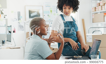 Warehouse, logistics and teamwork black women on laptop talking, discussion and conversation on e-commerce delivery system. Communication of delivery store girl workers planning stock online shipping 99008775