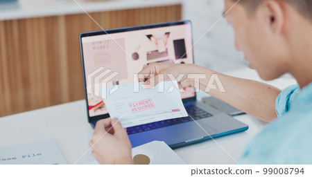 Man, debt letter delivery and office with laptop, social media marketing or disappointment in workplace. Businessman, reading post or compliance from logistics worker for payment on commercial credit Man, debt letter delivery and office with laptop, social media marketing or disappointment in workplace. Businessman, reading post or compliance from logistics worker for payment on commercial credit 99008794