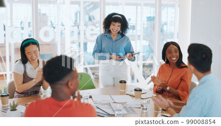 Presentation, tablet and planning with business people in meeting for review, agenda and branding idea. Marketing strategy, logo and coaching with employee in startup for vision, creative and data 99008854