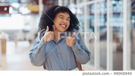 Business, office and happy black woman with thumbs up for corporate motivation, company mission success and career achievement. Yes, like and portrait of excited African employee with emoji hand sign Business, office and happy black woman with thumbs up for corporate motivation, company mission success and career achievement. Yes, like and portrait of excited African employee with emoji hand sign 99008940