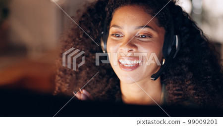 Happy, call center and black woman working in customer support in office at night, friendly and helpful. Crm, telemarketing and consulting by woman agent offering online support and customer service Happy, call center and black woman working in customer support in office at night, friendly and helpful. Crm, telemarketing and consulting by woman agent offering online support and customer service 99009201