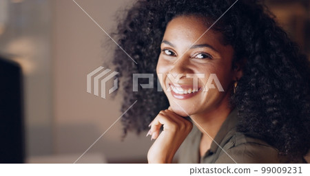 Night office computer, portrait and black woman face working, planning and marketing strategy in creative startup agency in Brazil. Smile, motivation and success of happy entrepreneur dark pc company 99009231