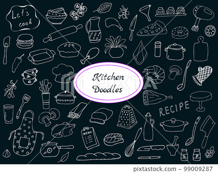 Hand-drawn kitchen doodle set on black background, kitchen utensil 99009287