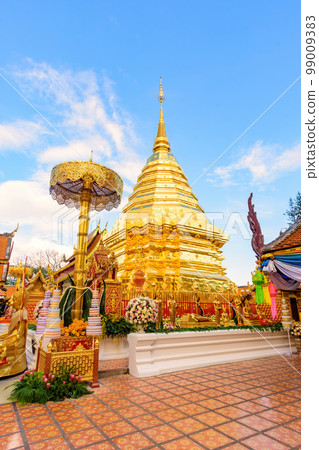 Golden pagoda at Phra That Doi Suthep Temple in Chiang Mai, Thailand. Golden pagoda at Phra That Doi Suthep Temple in Chiang Mai, Thailand. 99009383
