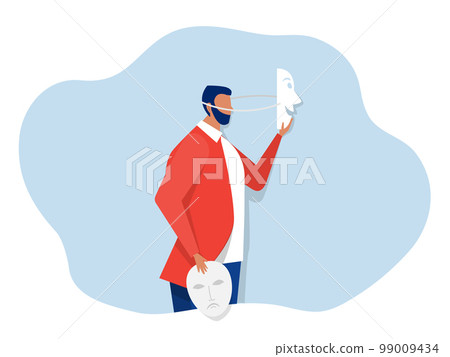 Imposter Syndrome. A businessman takes mask his imposter for Anxiety and lack of self confidence at work vector Imposter Syndrome. A businessman takes mask his imposter for Anxiety and lack of self confidence at work vector 99009434