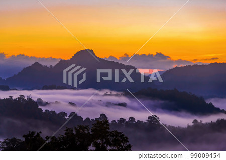 Morning mist viewpoint Baan Jabo, the most favourite place for tourist in Mae Hong Son,Thailand 99009454