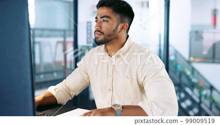 Computer, research and businessman working on a project, report or document in his modern office. Technology, professional and Indian male employee typing company proposal with deadline in workplace. 99009519