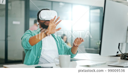 Virtual reality metaverse, augmented reality vr and black man work on cyber dashboard, digital transformation or ai software. Futuristic, headset and creative graphic designer with future simulation 99009536