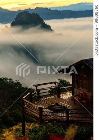 Morning mist viewpoint Baan Jabo, the most favourite place for tourist in Mae Hong Son,Thailand 99009560