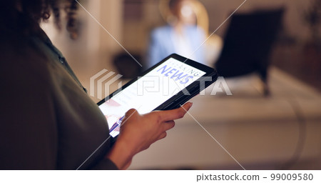 Website, tablet and news journalist scroll, check or review world or global digital newspaper article at night. Mobile tech ux, ui or woman hands of brand editor browse online magazine, blog or media Website, tablet and news journalist scroll, check or review world or global digital newspaper article at night. Mobile tech ux, ui or woman hands of brand editor browse online magazine, blog or media 99009580
