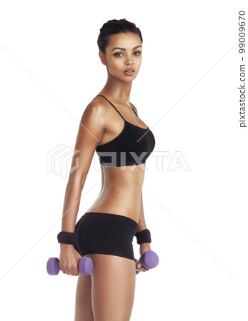Fitness, weight and portrait of a black woman training for healthy lifestyle and exercise. White background, isolated and health lifestyle of a woman in underwear for body cardio and workout 99009670