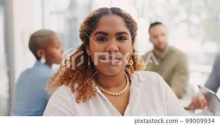 Face of a business woman in meeting with her corporate team in the office. Happiness, success and portrait of professional female employee from Mexico sitting in workplace discussion 99009934