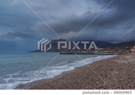 View of beach and mountain Kara Dag at morning. Koktebel. Crimea View of beach and mountain Kara Dag at morning. Koktebel. Crimea 99009965