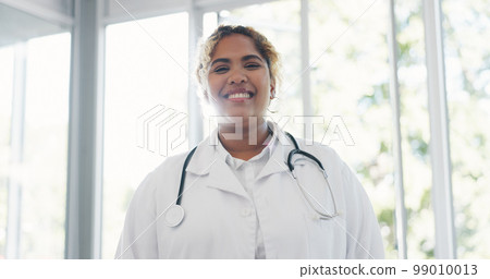 Face, woman and doctor for healthcare, wellness or medicine. Female, portrait or medical professional with smile, leader or confident with uniform, stethoscope or motivation in hospital Face, woman and doctor for healthcare, wellness or medicine. Female, portrait or medical professional with smile, leader or confident with uniform, stethoscope or motivation in hospital 99010013