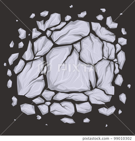 Vector illustration of broken marble stones. Cartoon clipart smashed white rocks and gravel with cracks on dark background. 99010302