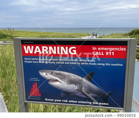 Shark attack warning panel in Cape Cod area with beach and tourists on the background Shark attack warning panel in Cape Cod area with beach and tourists on the background 99010858