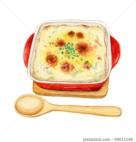手繪水彩插圖的熱和美味烤麵包和勺子 99011598