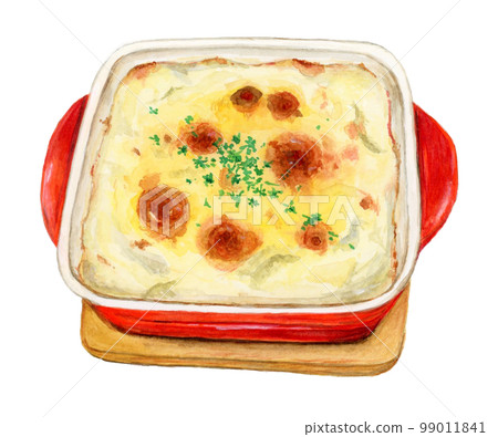 手繪水彩插圖，描繪了一道看起來熱氣騰騰、美味可口的焗烤菜餚（西餐，食材）。 99011841