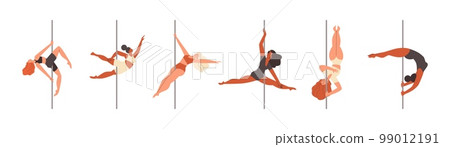 Pole dancers exercising on pylon, flat vector illustration isolated on white background. Pole dancers exercising on pylon, flat vector illustration isolated on white background. 99012191