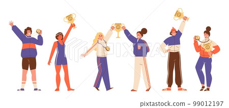 Happy winners of competition or relay race, flat vector illustration isolated. 99012197