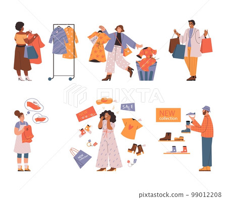 Fast fashion concept, people buying new trendy clothes - flat vector illustration isolated on white background. 99012208