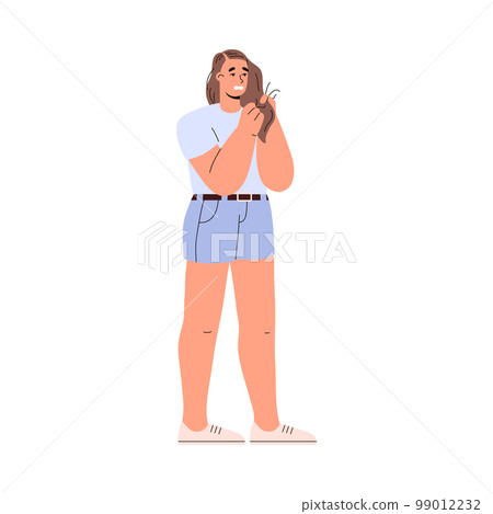 Young upset woman begins to lose hair and go bald vector illustration isolated. 99012232