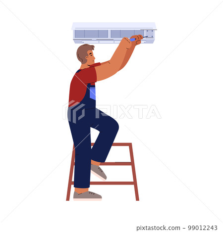 Serviceman installing air conditioner at home flat vector illustration isolated. Serviceman installing air conditioner at home flat vector illustration isolated. 99012243